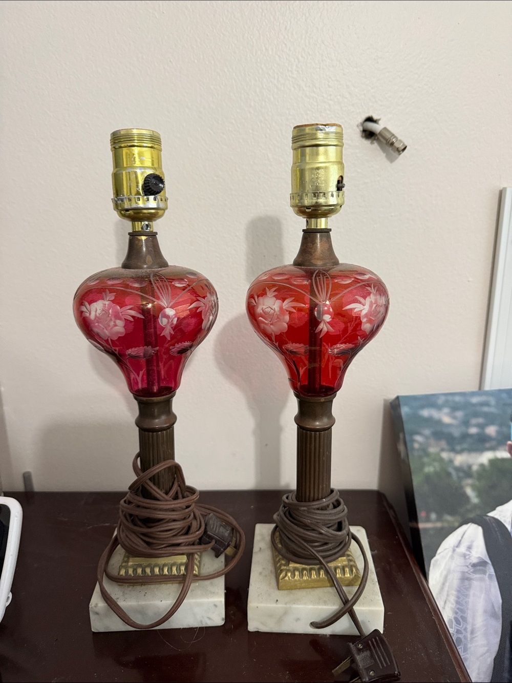 Vintage-Style Red Etched Glass Table Lamps, Pair